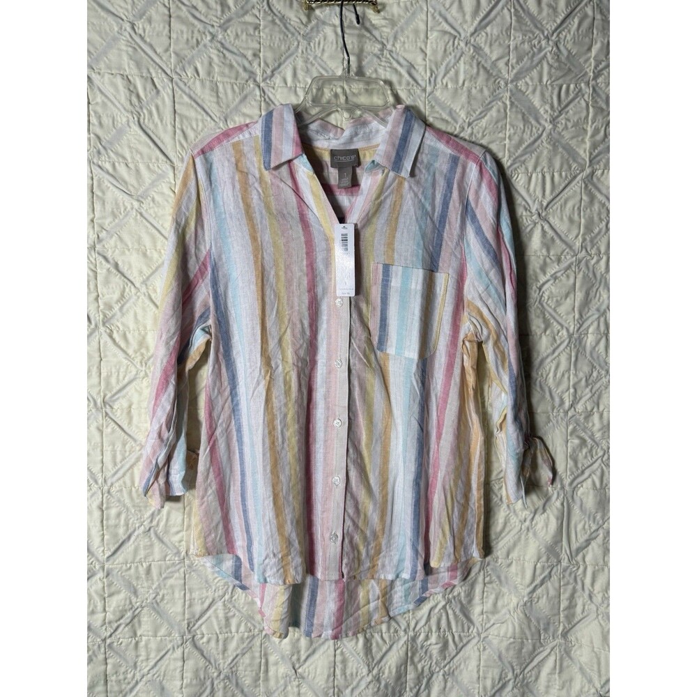 Chico’s Size 1 Pastel Striped Linen Blend Button Front Shirt NWT